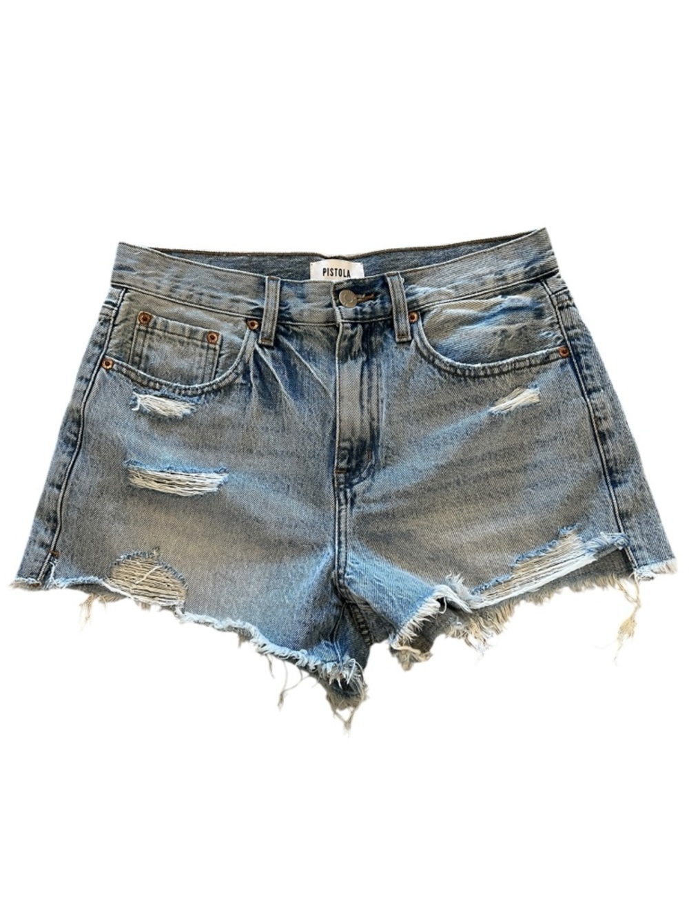 Pistola 100% Cotton Light Blue Wash Distressed Denim Frayed Hem Shorts- Size 27